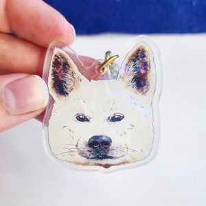Jindo Korean White Dog Keychain, Holographic Cute Dog Keyring